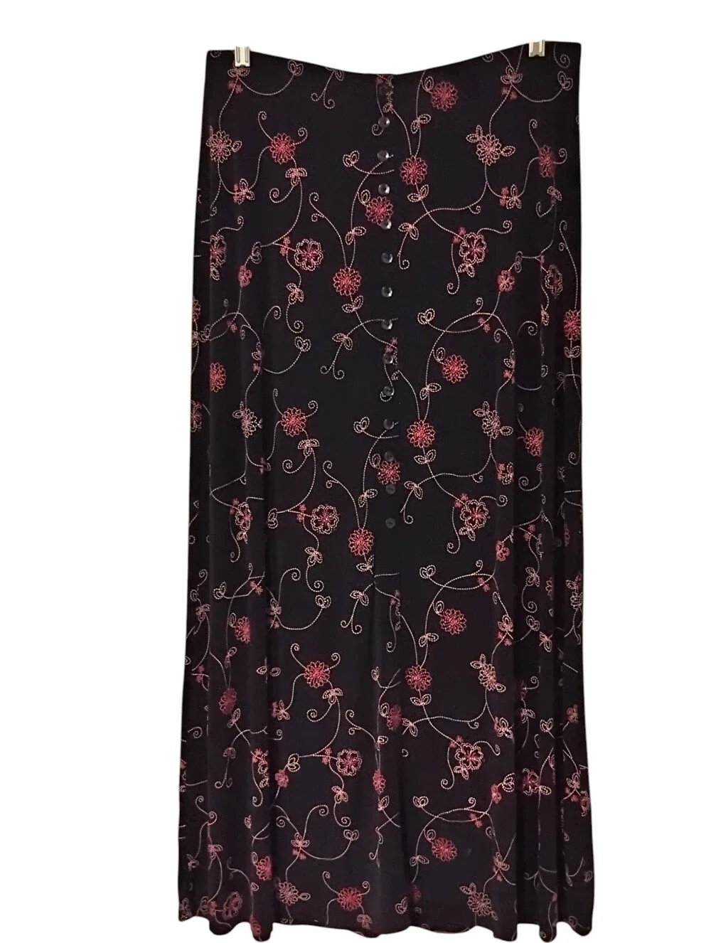 Slinky Maxi Skirt Vintage Black Pink Floral Faux Embroidery Button Front XL